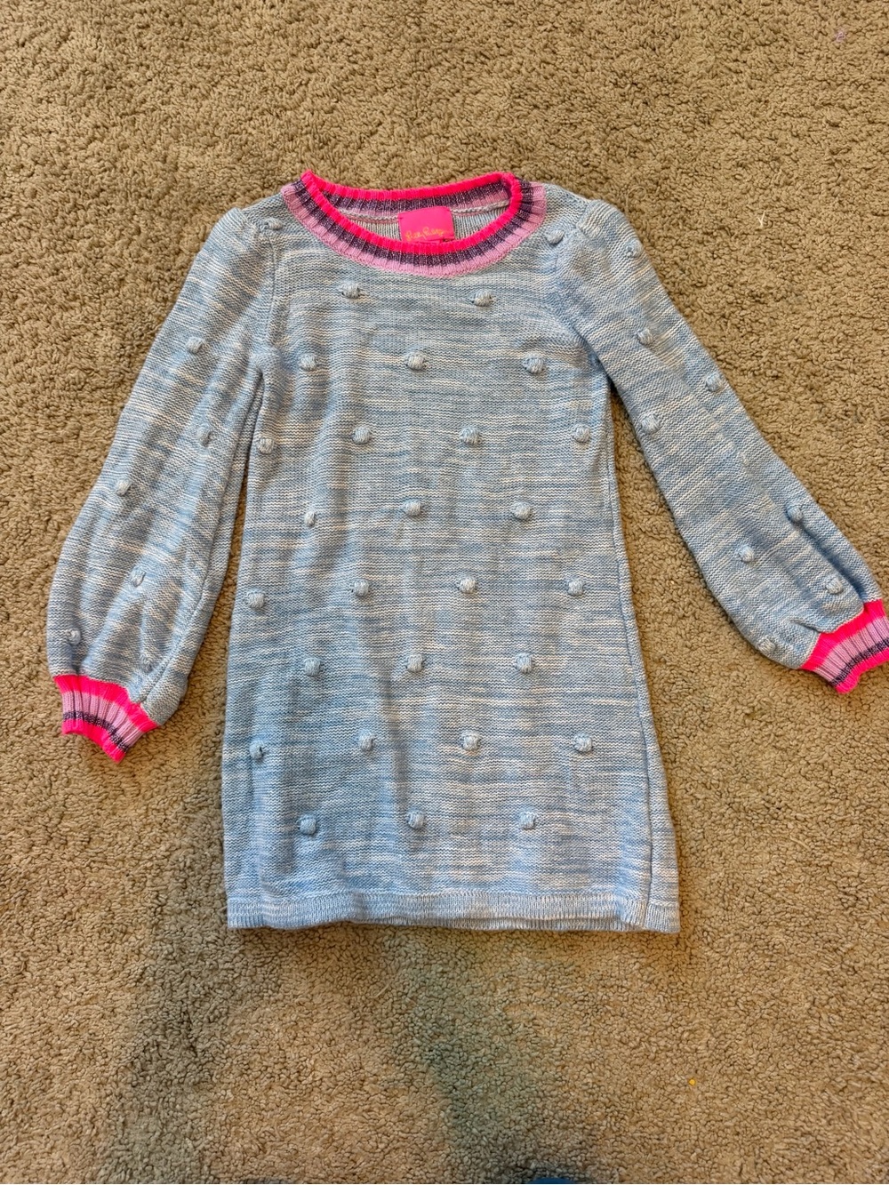 Lilly Pulitzer Light Blue Pom-Pom Knit Sweater Dress with Hot Pink Trim